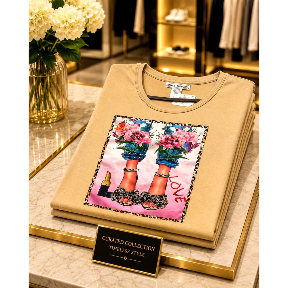 Studded Studs Urban Freedom Blinged Out Tee Shirt Beige M